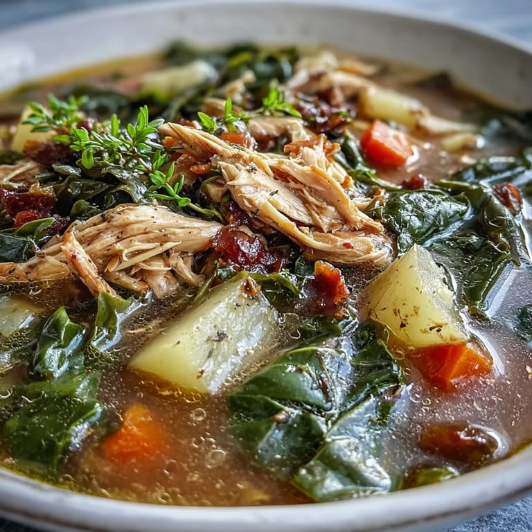 Steaming bowl of Collard Greens, Chicken and Vegetable Soup with tender shredded chicken and potatoes.