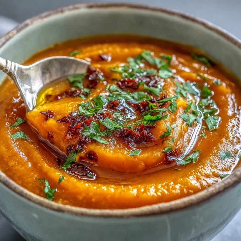 Steam rises from a creamy pot of Carrot, Celeriac and Chilli Soup, revealing the smooth, pureed texture and rich golden color.