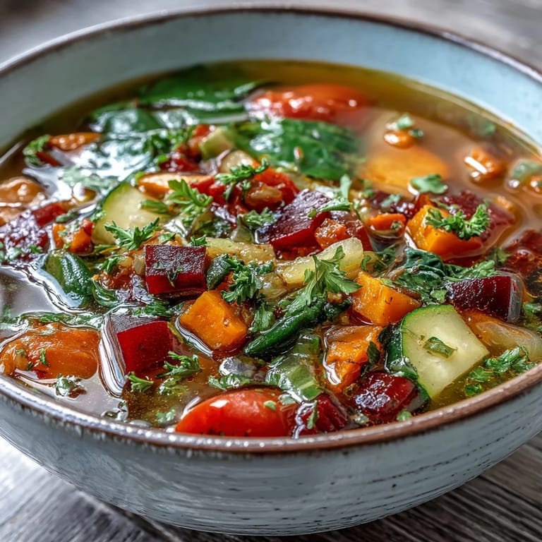 Close-up on chunks of carrots and beets in the clear broth of the nourishing Rainbow Vegetable Detox Soup.