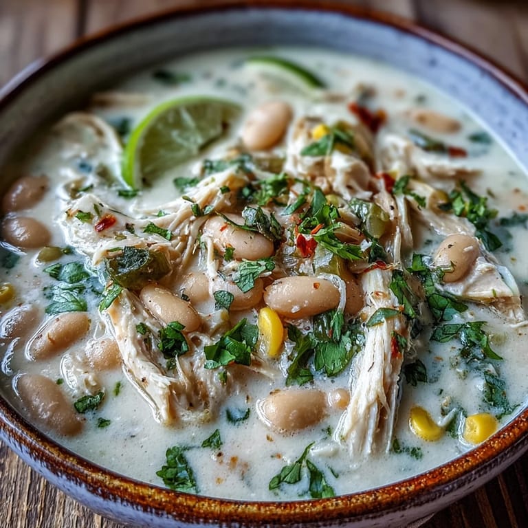 Homemade White Chicken Chili served in a rustic mug with a lime wedge and tortilla chips for dipping.