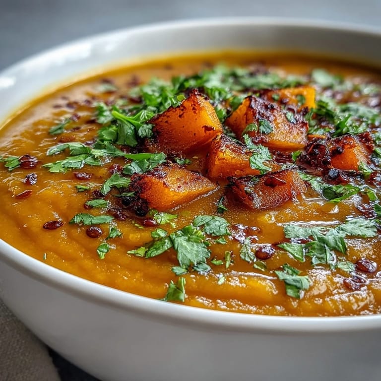 Vegan Butternut Squash and Lentil Soup served in a white bowl topped with chopped parsley, paired with crusty artisan bread for dipping.