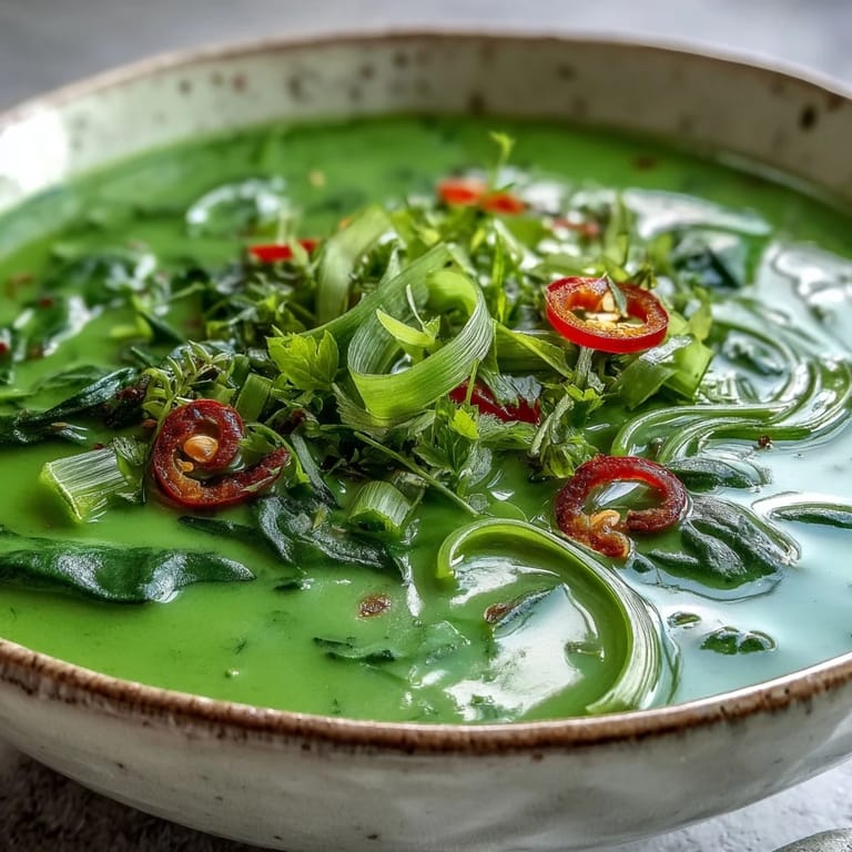 A pot of creamy Spinach Coriander Lemongrass Soup simmers on the stove, featuring a rich coconut milk base and aromatic herbs.