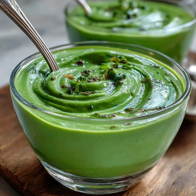 Close-up of smooth green soup with broccoli and spinach in a rustic bowl next to crusty bread.