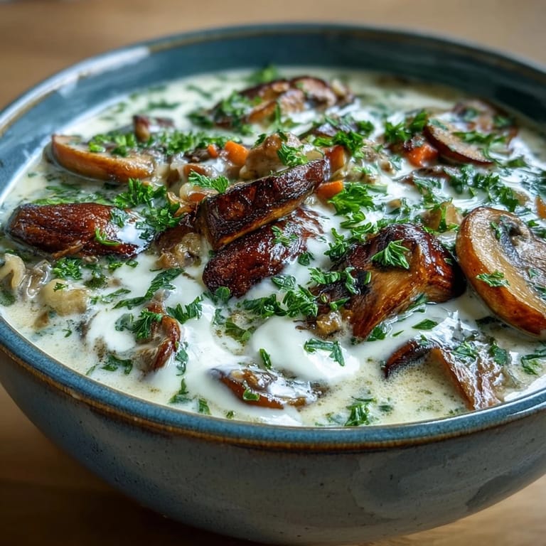 A ladle serving Creamy Mushroom Stroganoff Soup into a white bowl, showing its thick, creamy texture and golden broth.