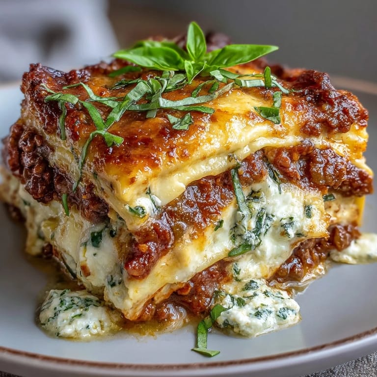 Close-up of layered One-Pan Smoky Veggie Lentil Lasagne revealing red lentils, mushrooms, and zucchini.