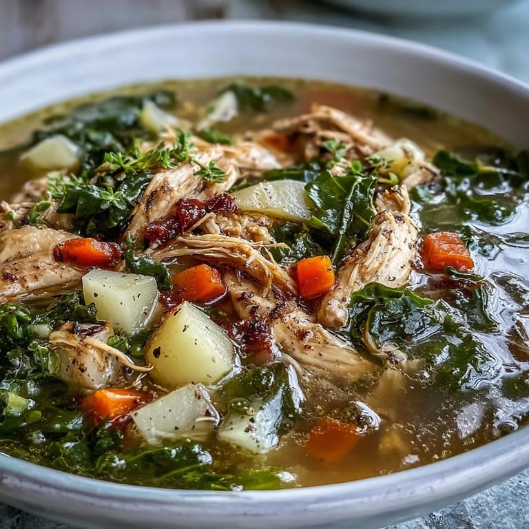 A hearty spoonful of Collard Greens, Chicken and Vegetable Soup shows chopped greens and carrots.