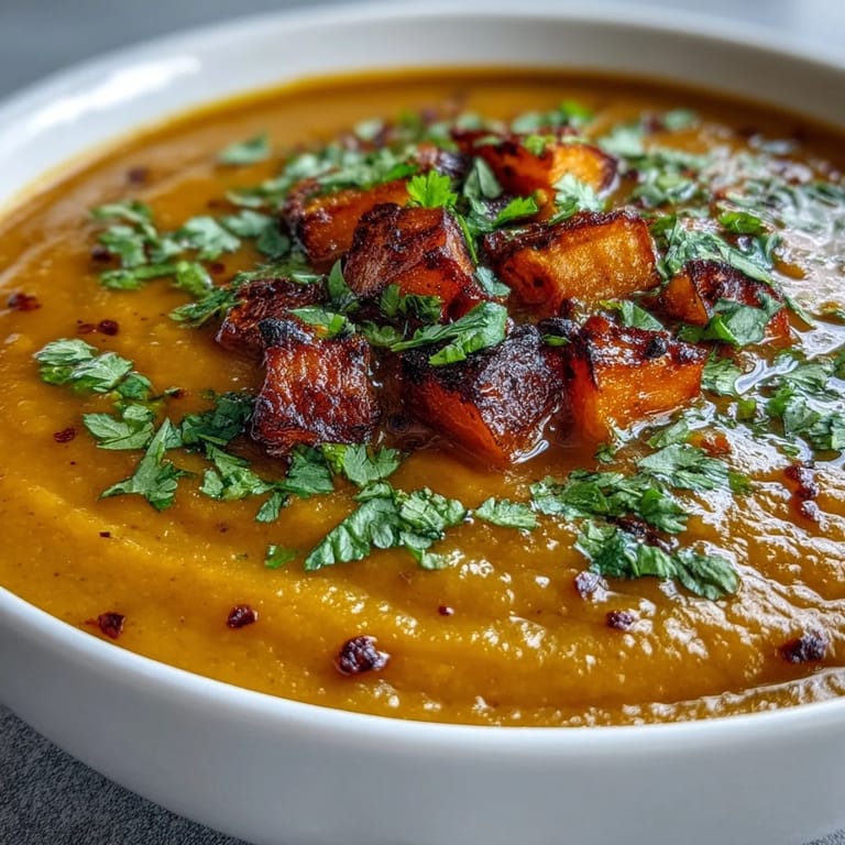 A steaming bowl of Butternut Squash and Lentil Soup features creamy pureed texture, turmeric tones, and a lemon wedge for bright flavor contrast.
