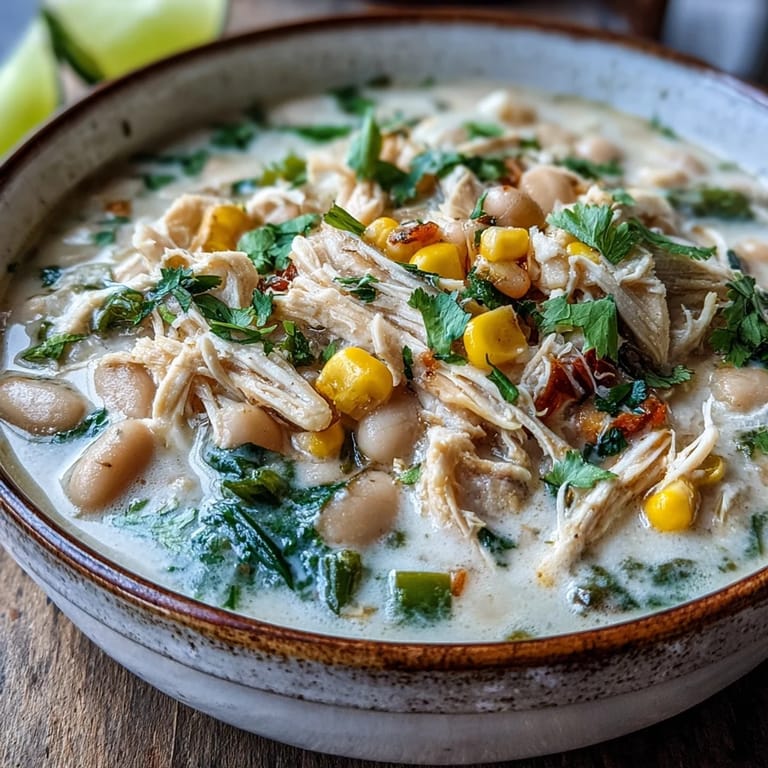 A steaming bowl of White Chicken Chili topped with fresh cilantro, green onions, and melted Monterey Jack cheese.