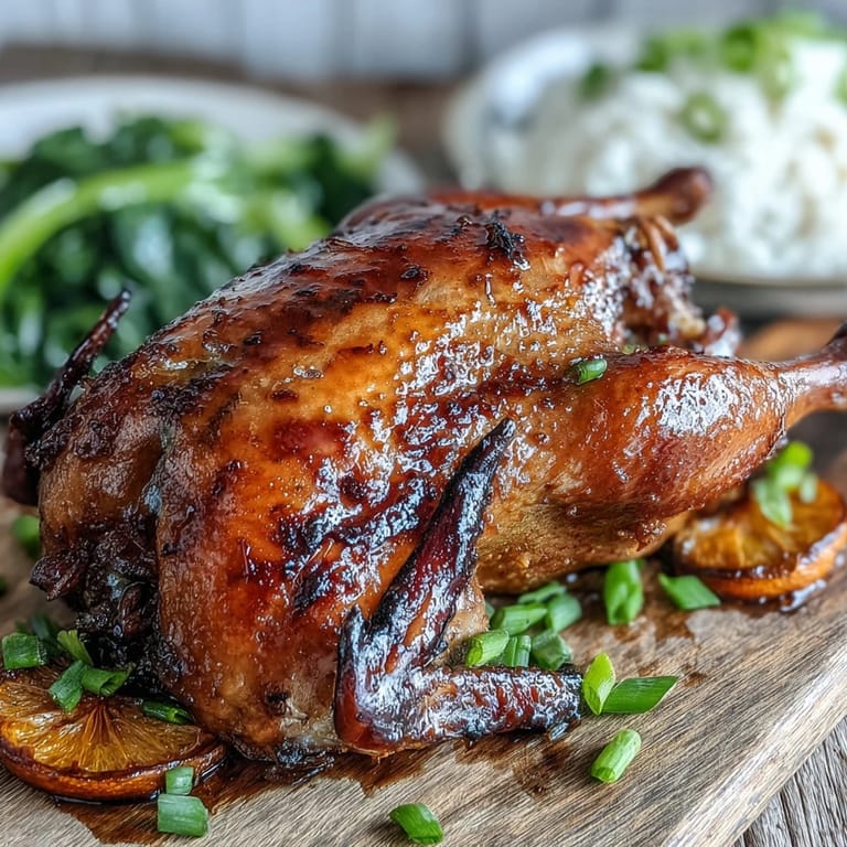 Juicy Five-Spice Roast Ducks resting on a wooden board, ready to be sliced for dinner.
