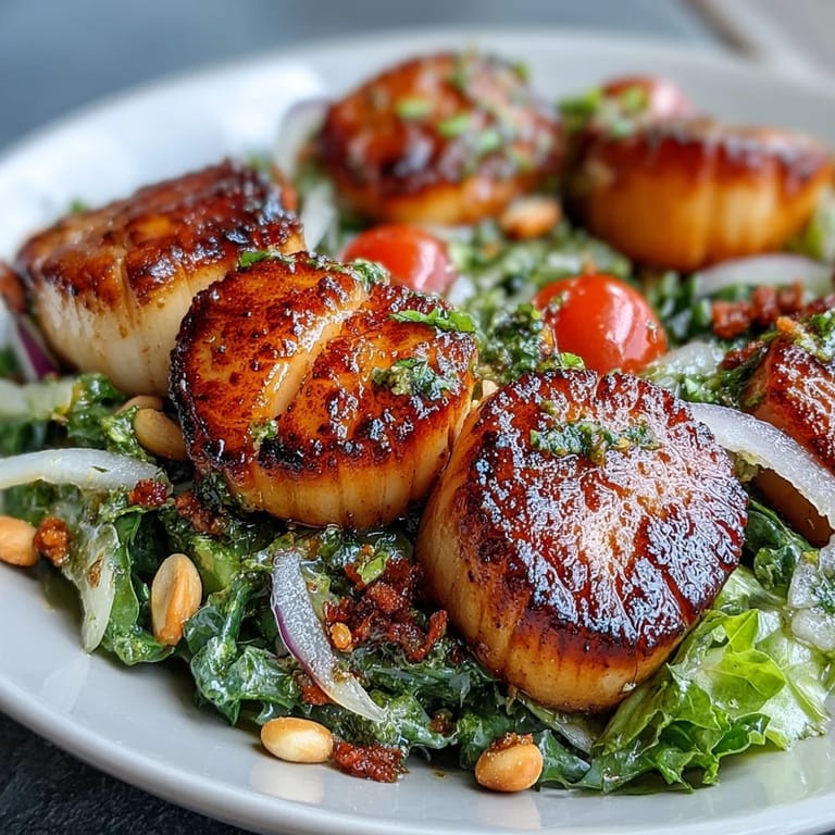 Tender scallops with a golden crust sit on bright greens and cherry tomatoes.