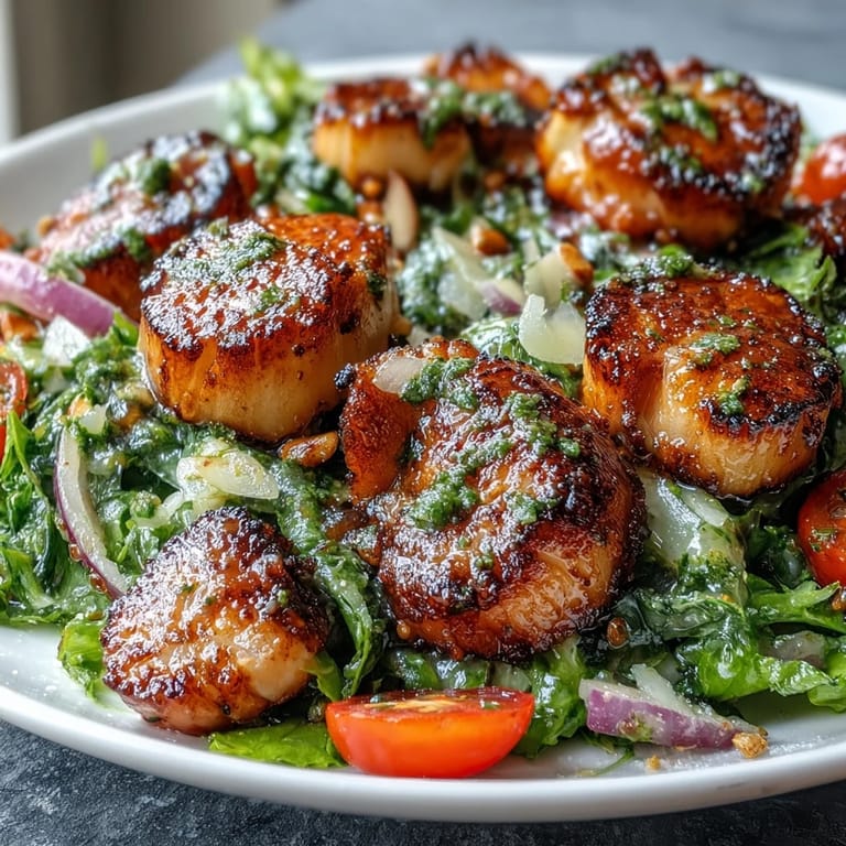 Plump scallops are seared to perfection, served over escarole salad with parmesan.