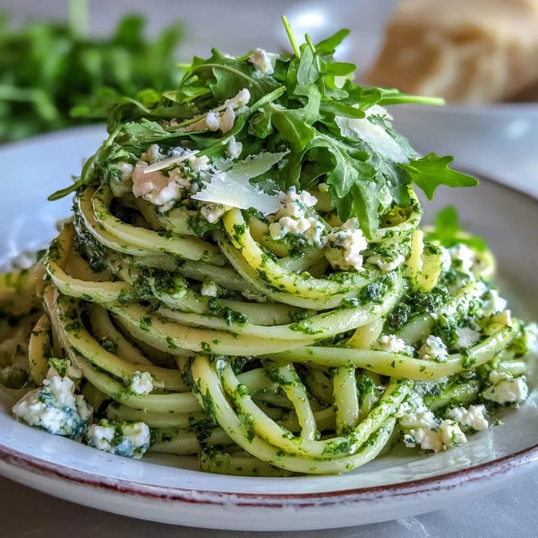 Freshly blended Linguine with Arugula Pesto sauce swirling in a bowl, highlighting the bright green herbs and oil.