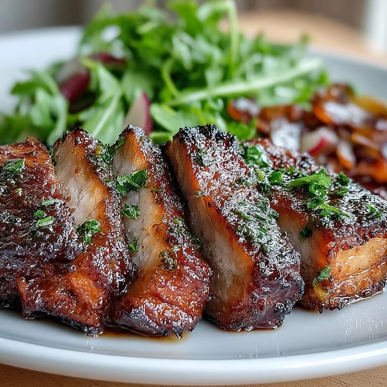 Golden, succulent pork and tangy rhubarb baked with garlic, ginger, and citrus on a baking tray.