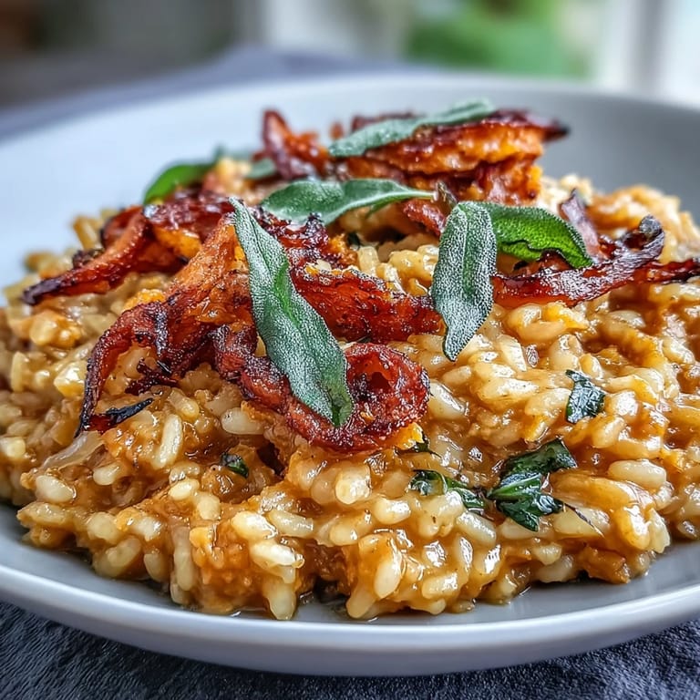 Creamy arborio rice with tender roasted pumpkin and fresh sage garnish on a wooden table.