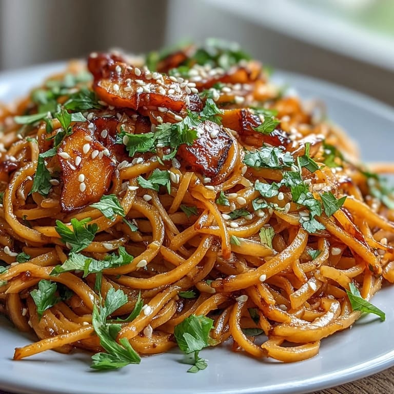 Hot Gochujang Swede Noodles garnished with cilantro and sesame, perfect for an easy weeknight dinner or cozy meal prep.