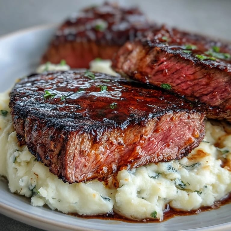 Juicy venison steaks over creamy swede mash with toasted caraway seeds, served with a savory red wine pan sauce.