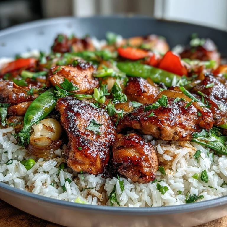 Close-up of One-Pan Bold Honey BBQ Chicken Rice showing saucy chicken pieces, bright bell peppers, and peas on fluffy rice.