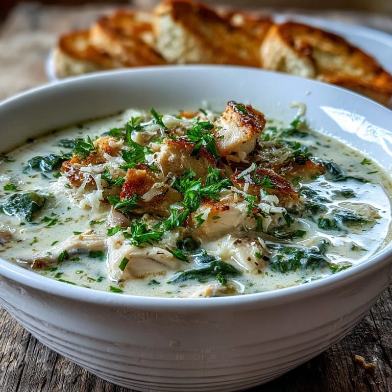 Tender chicken and wilted spinach in a rich, velvety Garlic Parmesan Chicken Soup served hot.