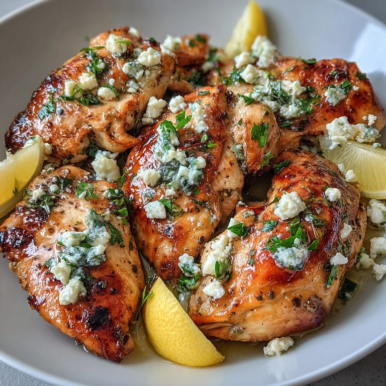 Close-up of juicy Greek Chicken with Lemon and Feta topped with crumbled feta and chopped herbs on a white plate.