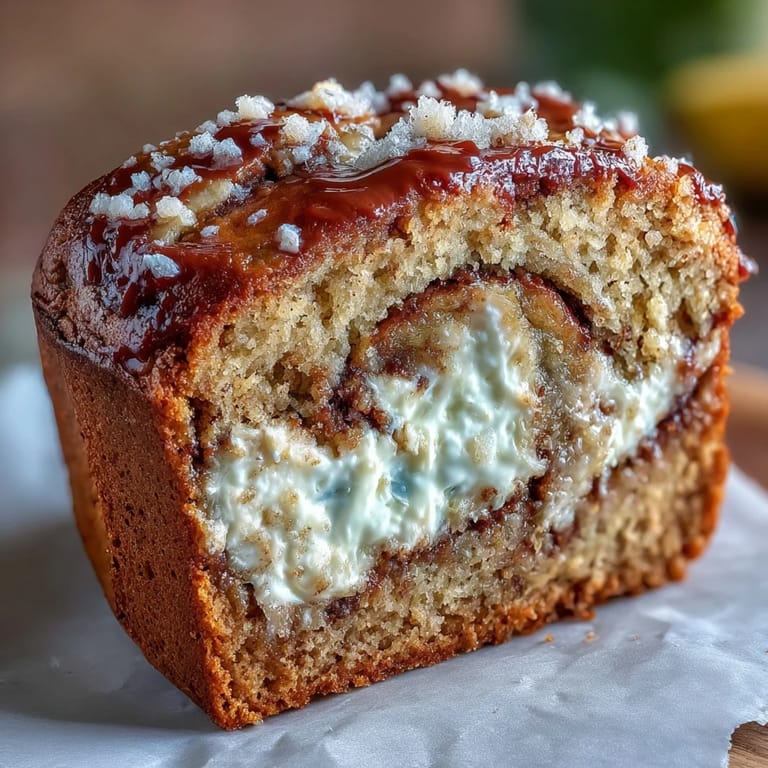 A thick slice of Cream Cheese Cinnamon Swirl Banana Bread on a white plate showing creamy filling and warm cinnamon aroma.