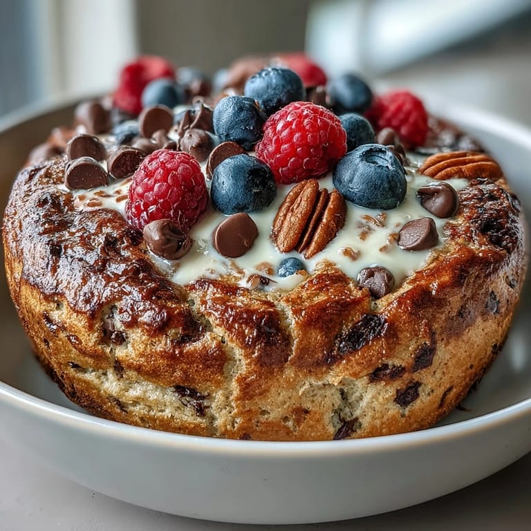 Microwaved Baked Protein Pancake Bowl offers a gooey, warm center, ready for a drizzle of honey and chopped nuts.