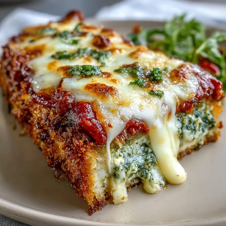 A close-up of Pesto Chicken Parmesan reveals bubbling cheese and savory marinara over juicy chicken, plated with fresh basil and a slice of garlic bread for dipping.