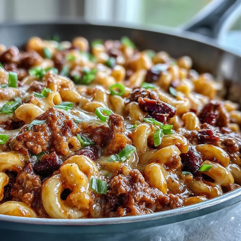 Quick weeknight One-Pan High Protein Chili Mac with ground beef, macaroni, and beans ready to serve with fresh cilantro.