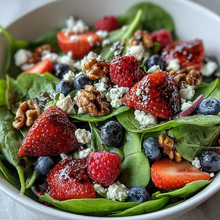 A vibrant Spinach and Berry Salad Bowl with sliced strawberries, blueberries, crumbled goat cheese, and pecans, served in a white ceramic bowl with a honey-DIjon dressing.