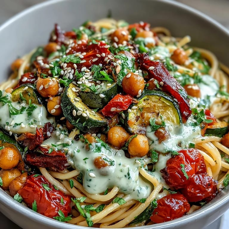 Vibrant Mediterranean chickpea pasta bowl with colorful roasted vegetables, fresh parsley, and toasted sesame seeds.