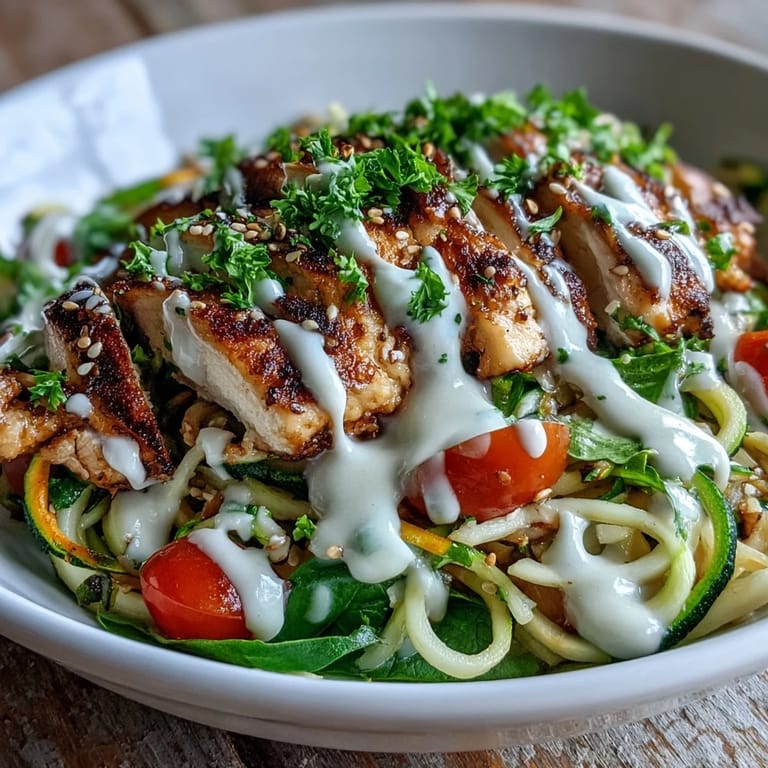 A delicious, gluten-free spiralized vegetable bowl with colorful veggie noodles, protein, and fresh herbs, perfect for a quick and healthy weeknight dinner.
