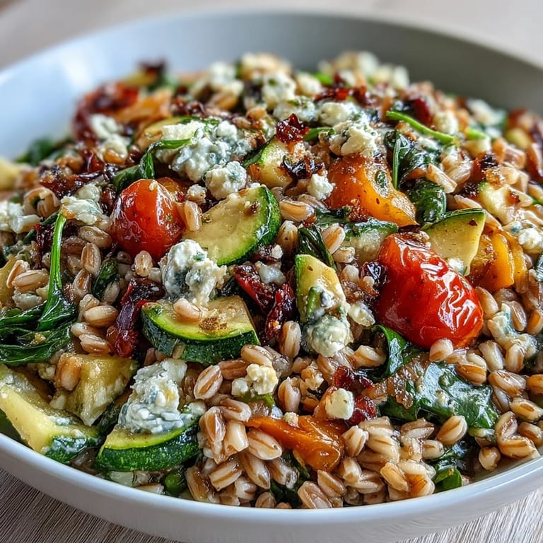 A fork lifts cheesy feta from a hearty Farro Pasta Bowl featuring spinach and a zesty olive oil dressing.