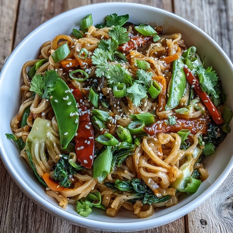 Colorful vegan Shirataki Noodle Bowl topped with toasted sesame seeds and fresh green onions, ready to serve.
