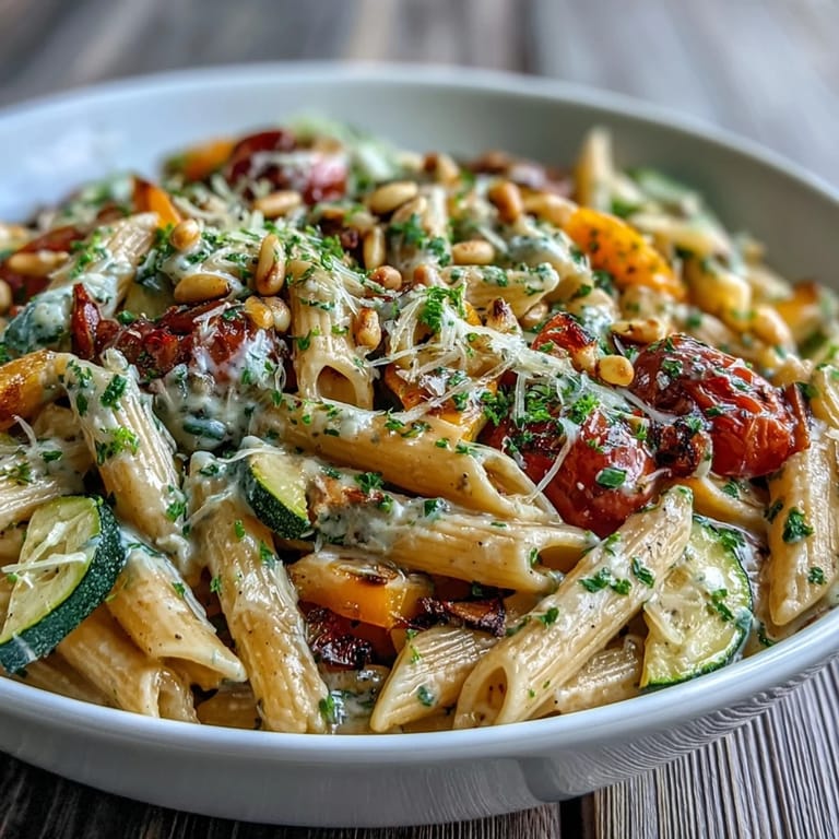 Freshly toasted pine nuts and chopped parsley garnish a vibrant bowl of Whole Wheat Pasta.