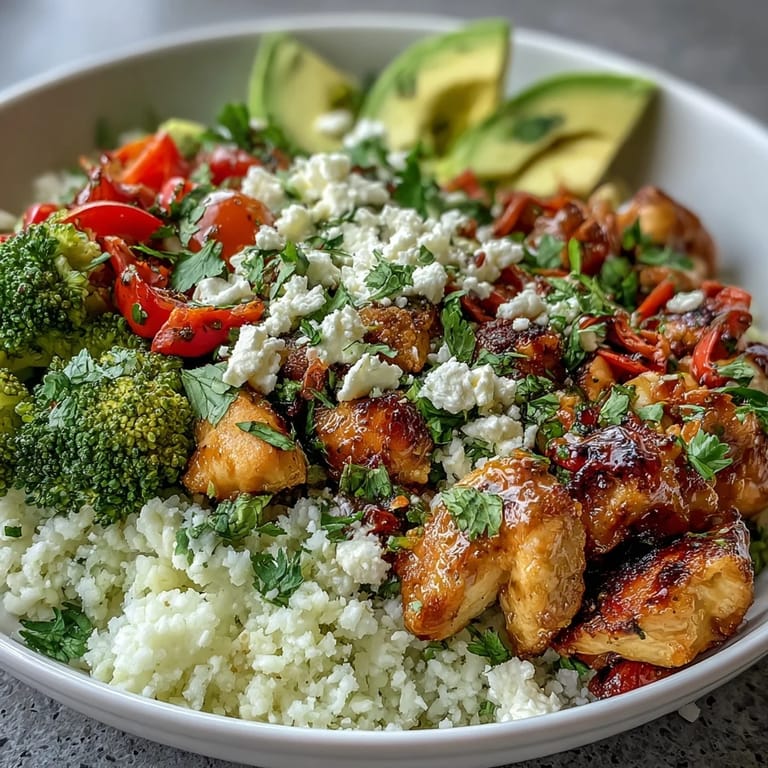A hearty serving of Cauliflower Rice Bowl topped with cherry tomatoes and herbs on a rustic plate.
