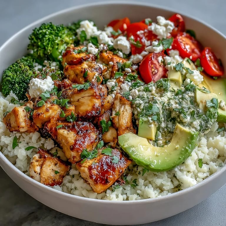 Savory Cauliflower Rice Bowl with seasoned chicken and sautéed broccoli, ready to serve with a creamy drizzle.