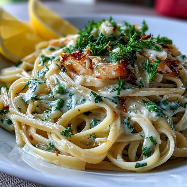 Tender linguine tossed in silky lemon butter sauce, studded with sweet peas and topped with freshly grated Parmesan cheese.