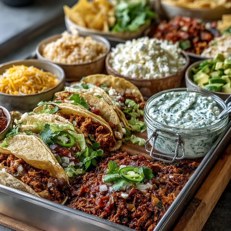 Festive Cinco de Mayo taco bar featuring seasoned chicken, beef, beans, fresh veggies, cheeses, and vibrant salsas for a build-your-own feast.