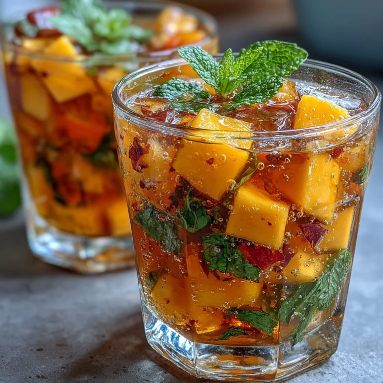A refreshing alcohol-free sangria with juicy mango, ripe peaches, and sparkling water—ideal for sunny days.