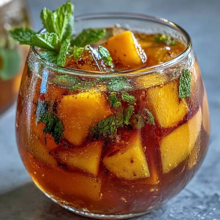Vibrant Mango Peach Sangria served over ice with colorful fruit and mint, a festive drink for any celebration.