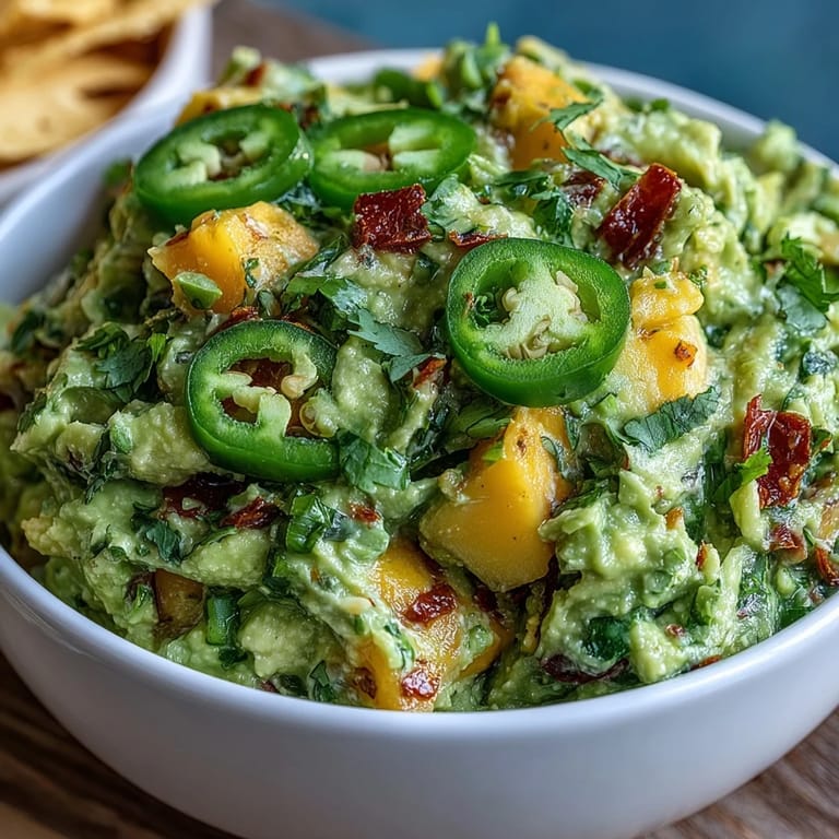 Fresh guacamole bursting with sweet mango, spicy jalapeño, and zesty lime—ideal for chips, tacos, or healthy snacking.  