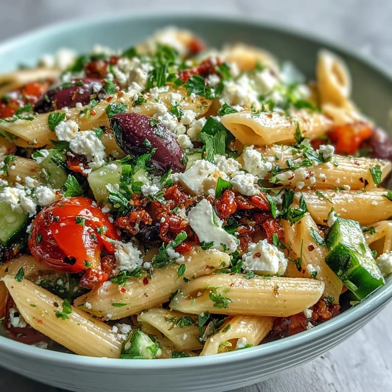 Colorful Greek pasta salad with olives and feta, showcasing crisp cucumbers, tomatoes, and bell peppers tossed with herbs.