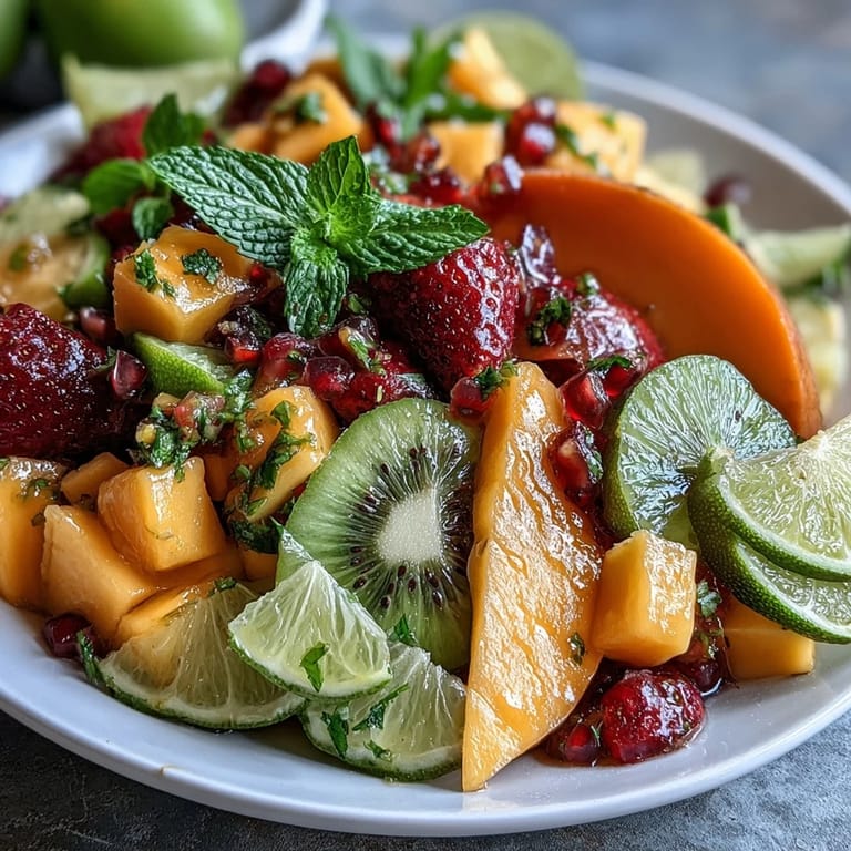 Bright and juicy mango and pineapple platter with fresh berries, mint, and lime wedges for a refreshing appetizer.