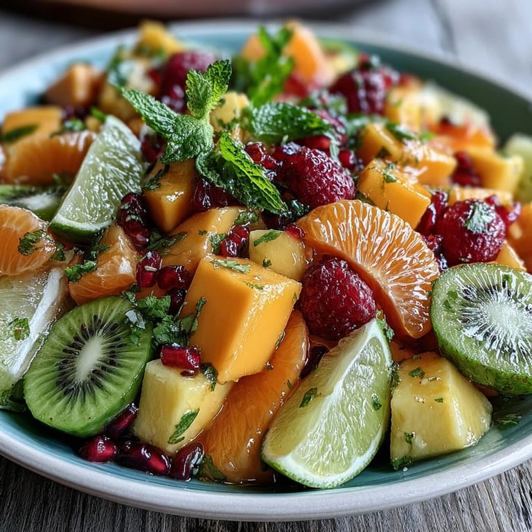 Eye-catching tropical fruit centerpiece with sliced mangoes, pineapple spears, and mixed berries, perfect for festive gatherings.