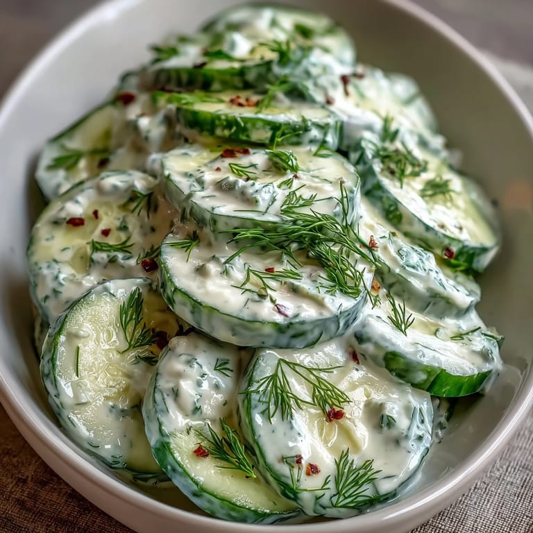 A bowl of creamy cucumber salad with dill, showcasing crisp cucumber slices in tangy Greek yogurt dressing.