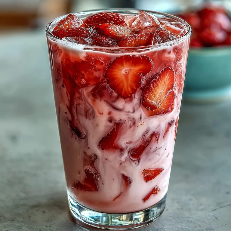 Chilled Pink Starburst Refresher bursting with sweet-tart strawberry acai and citrus flavors, served over ice with juicy strawberry slices.