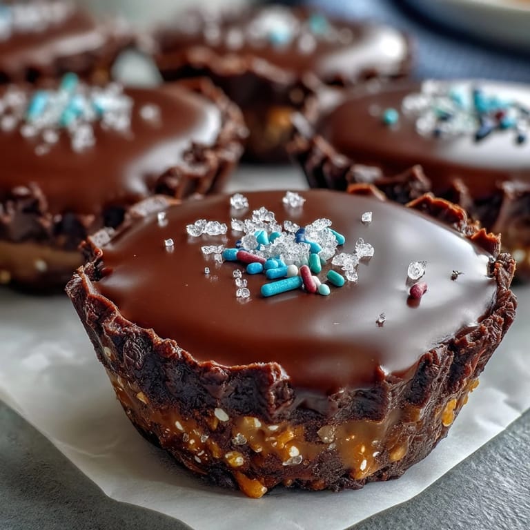 Chocolate peanut butter pretzel cups with rich topping, perfect for festive dessert trays or holiday gift boxes.