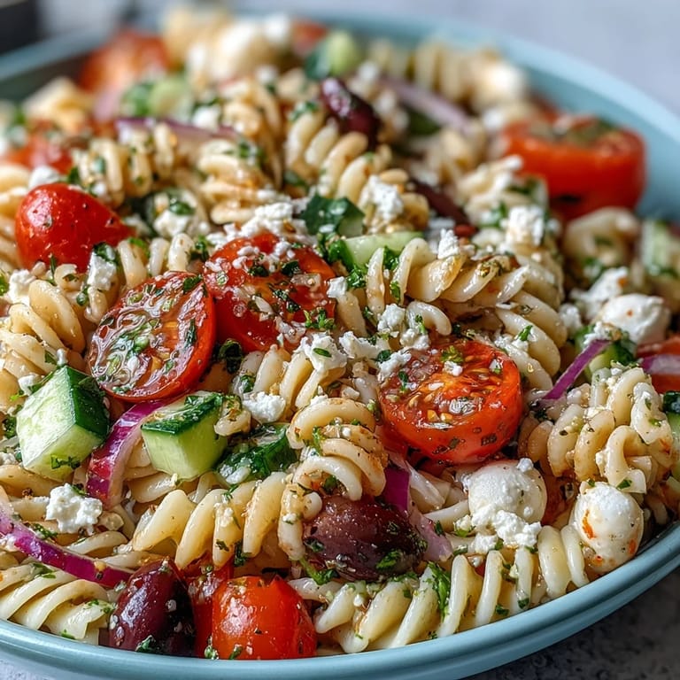 Vibrant pasta salad featuring cherry tomatoes, cucumbers, and olives tossed in zesty Italian dressing, ideal for warm-weather meals.