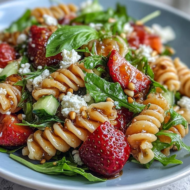 A vibrant spring pasta salad featuring sweet strawberries, peppery arugula, and tangy feta, all drizzled with honey-lemon balsamic vinaigrette.