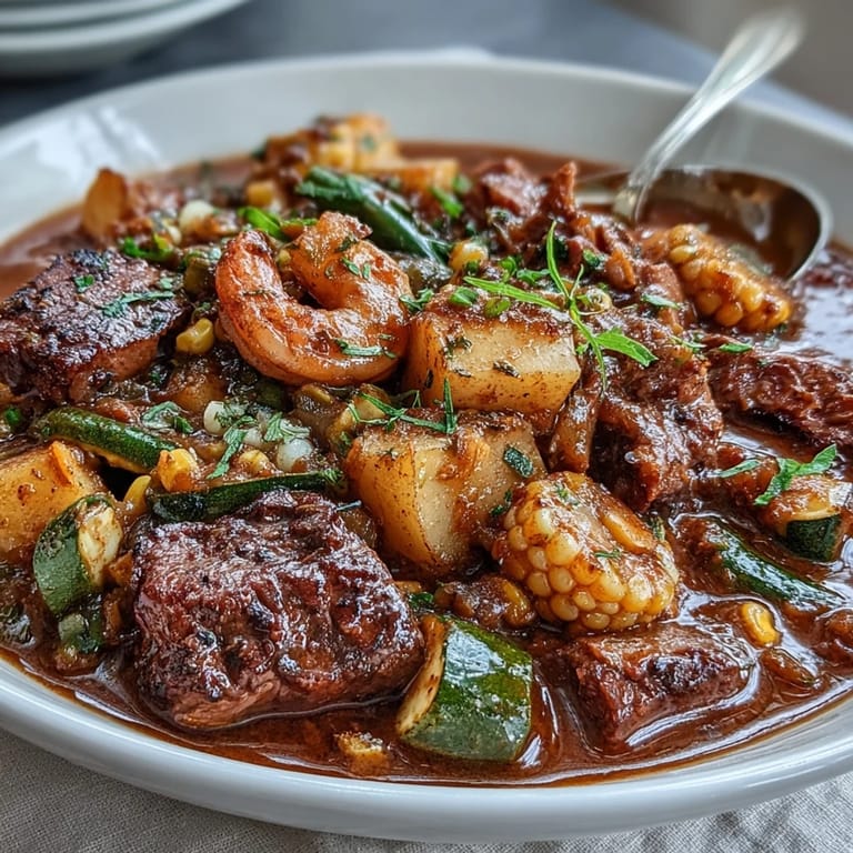 Rich and hearty Kentucky Derby Burgoo Stew, featuring slow-simmered beef, pork, and chicken with fresh garden vegetables.  