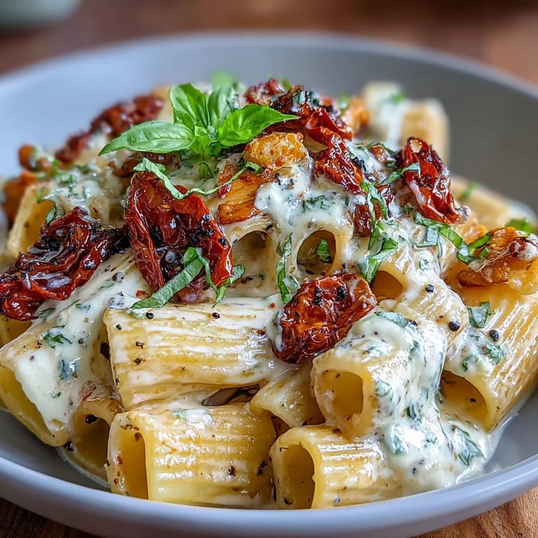 Velvety pasta dish featuring sun-dried tomatoes, garlic, and parmesan in a creamy Italian-American sauce.